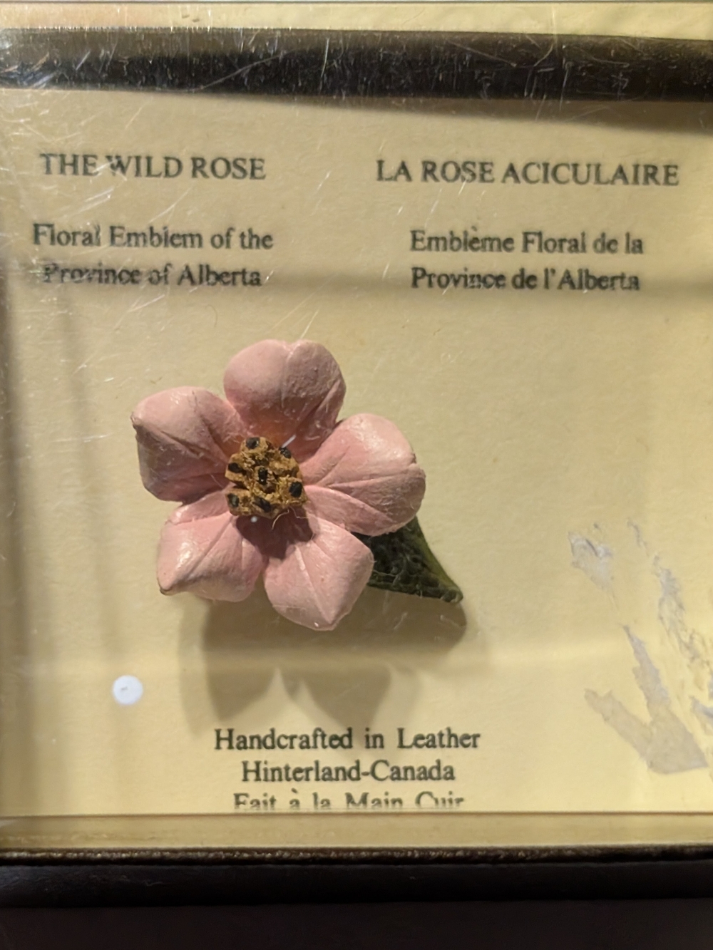 Vtg Wild Rose Soft Pink Leather Flower Brooch with Gold Center and Green Leaf